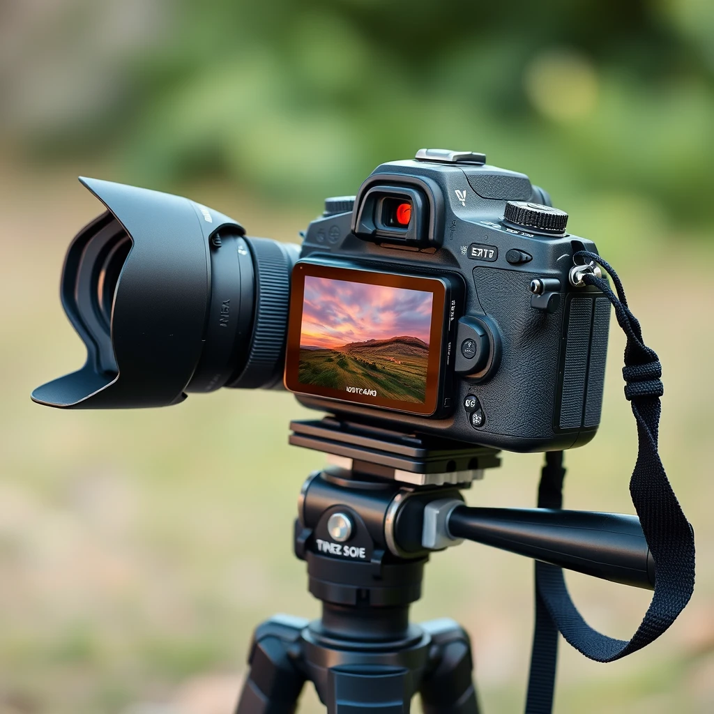 A professional camera on a tripod